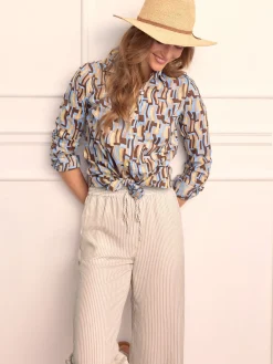 J.McLaughlin Lois Shirt in Abstract Waves Blue/Yellow/Brown New