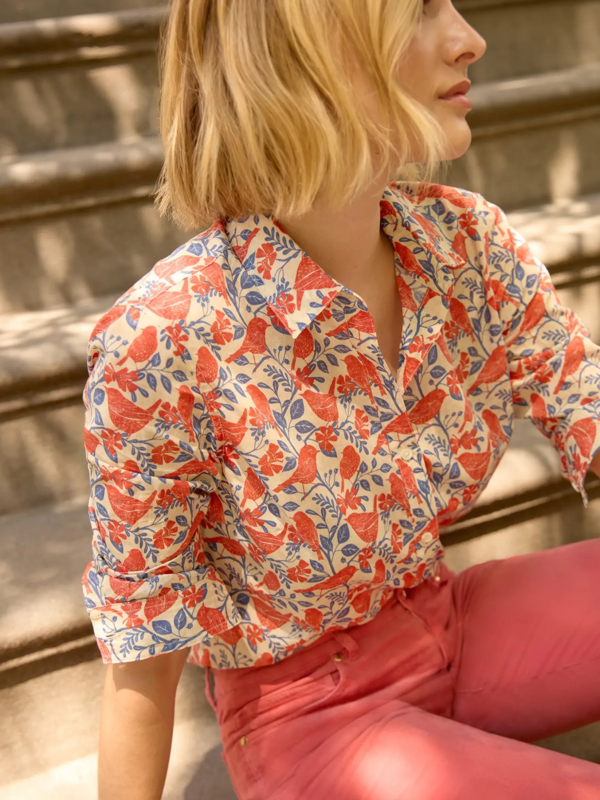J.McLaughlin Lois Shirt in Bird Story Tan/Blue/BurntOrange Sale