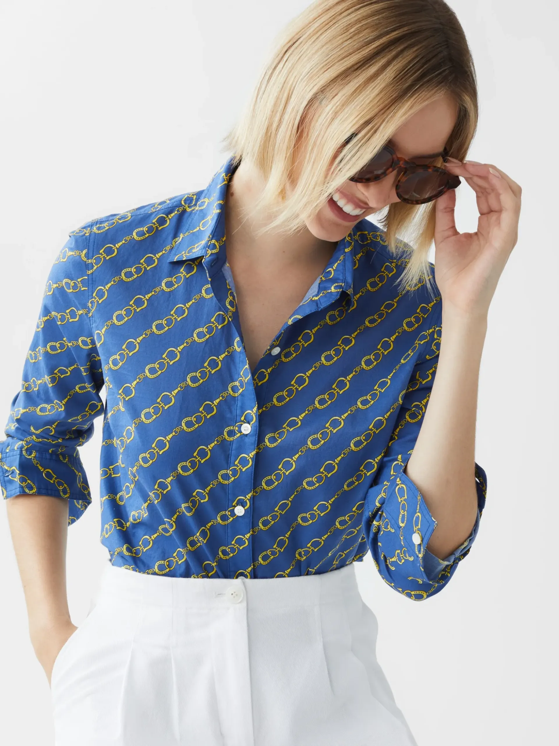 J.McLaughlin Lois Shirt in Bridle Crest MediumBlue/Gold Outlet