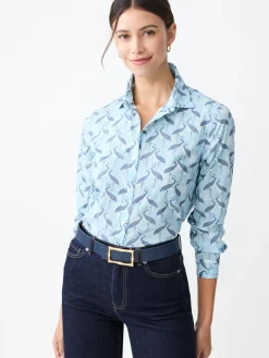 J.McLaughlin Lois Shirt in Micro Ibis Crest LightBlue/Navy Fashion