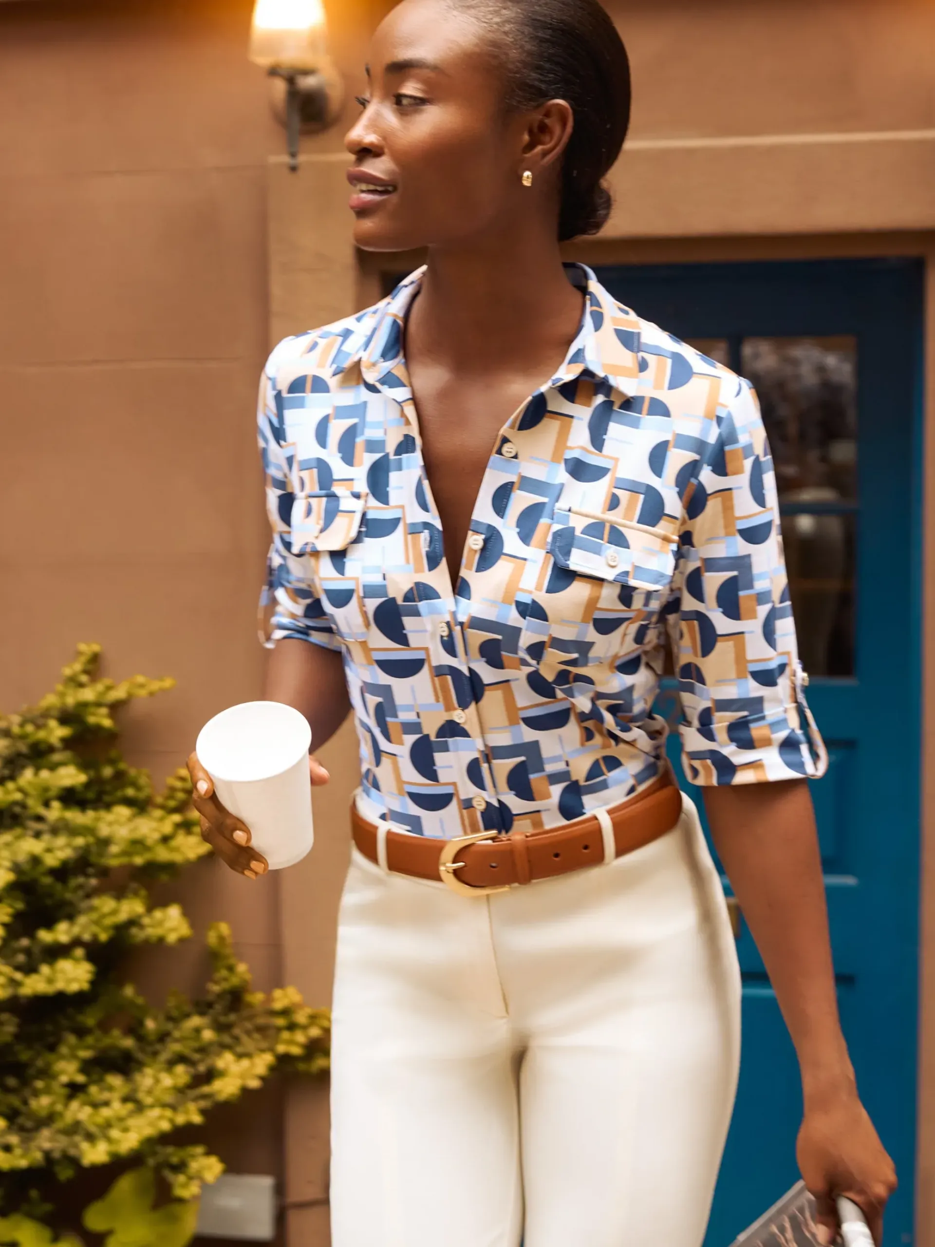 J.McLaughlin New Monroe Shirt in Mod Moons Camel/Blue/LightBlue Best