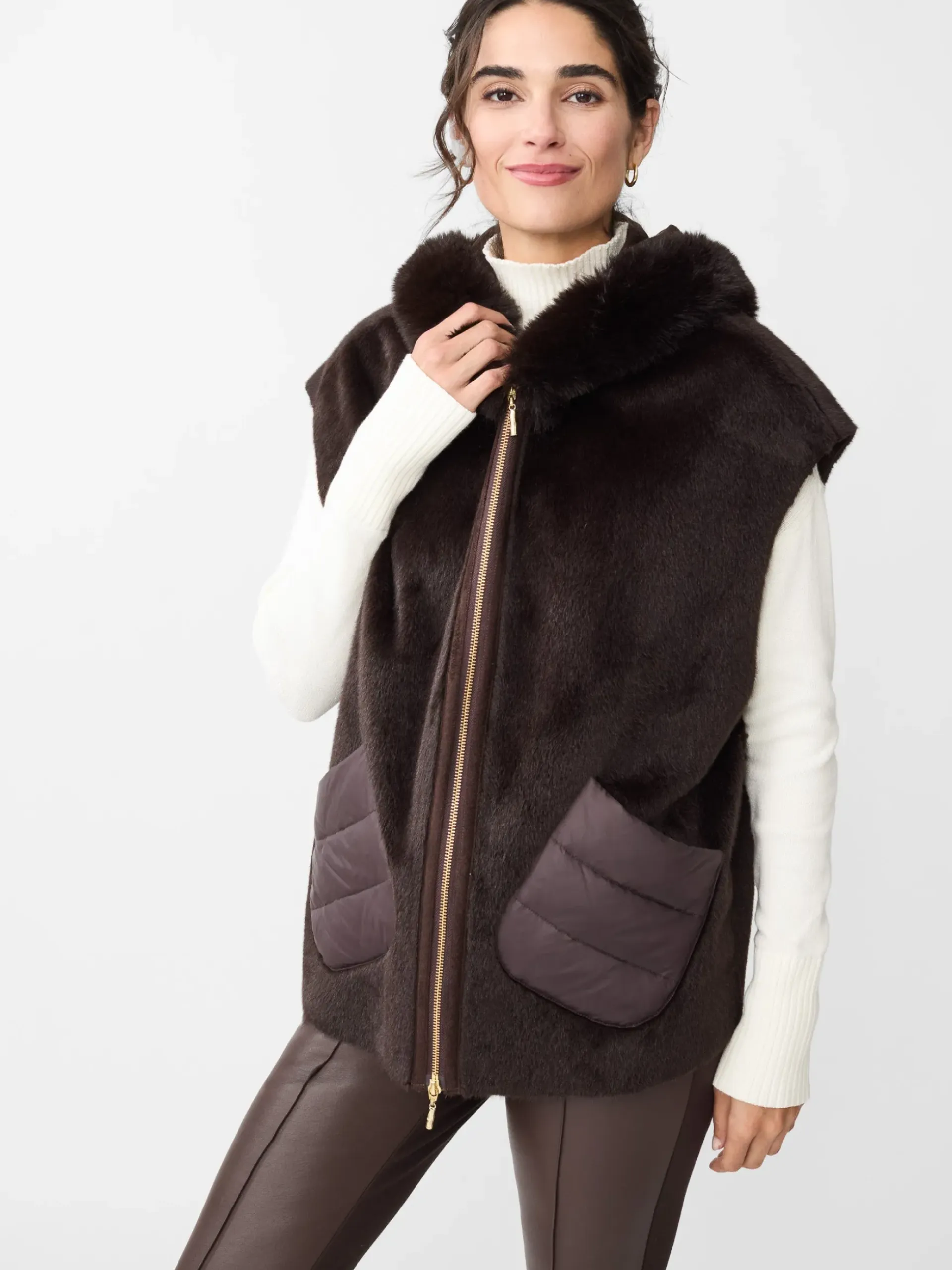 J.McLaughlin Nomi Puffer Jacket with Faux Fur Vest DarkBrown Clearance