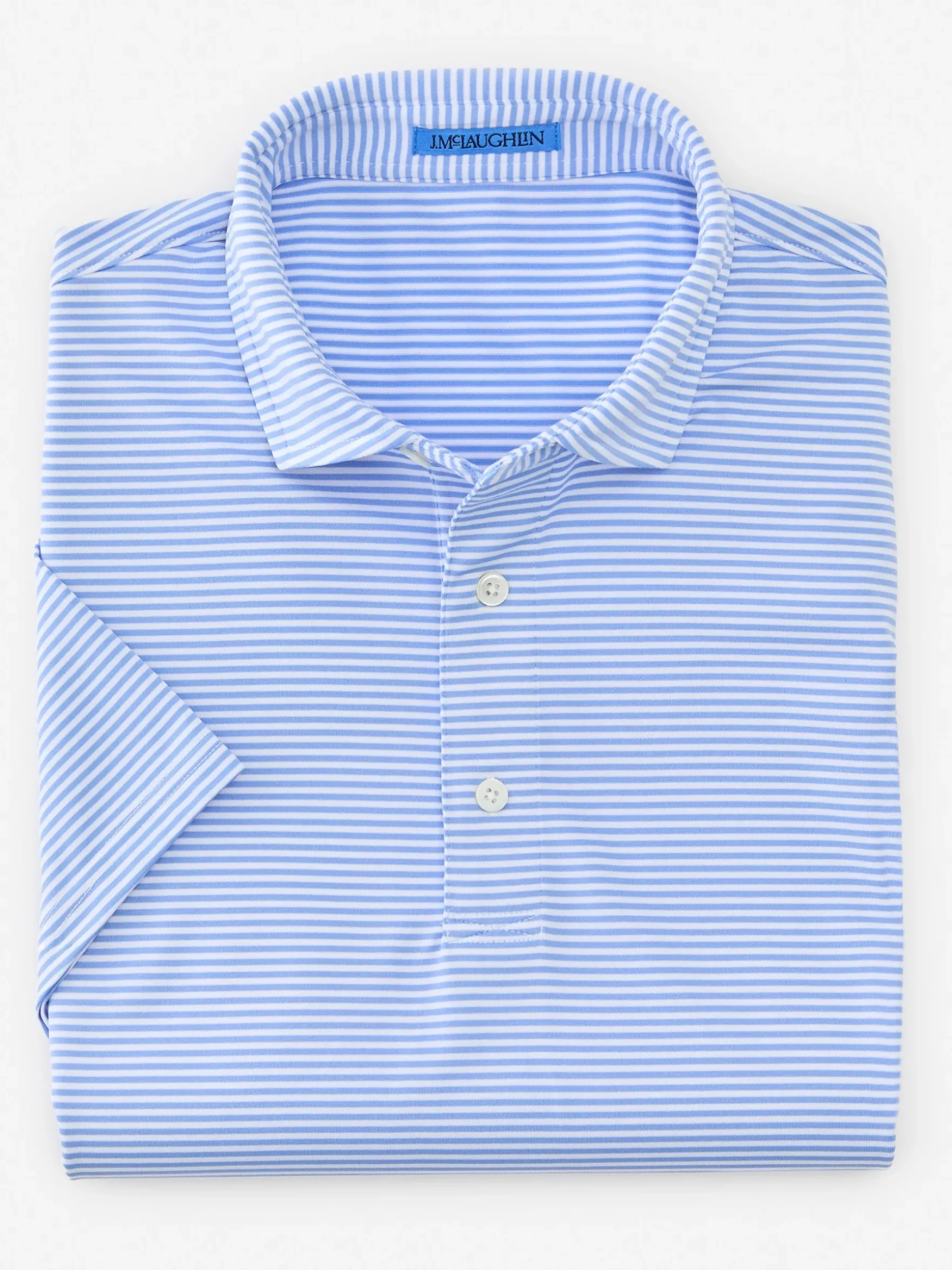 J.McLaughlin Peak Performance Polo in Stripe White/LightBlue Best