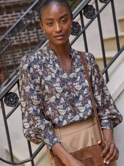 J.McLaughlin Rashell Blouse in Bird Story Charcoal/Camel New
