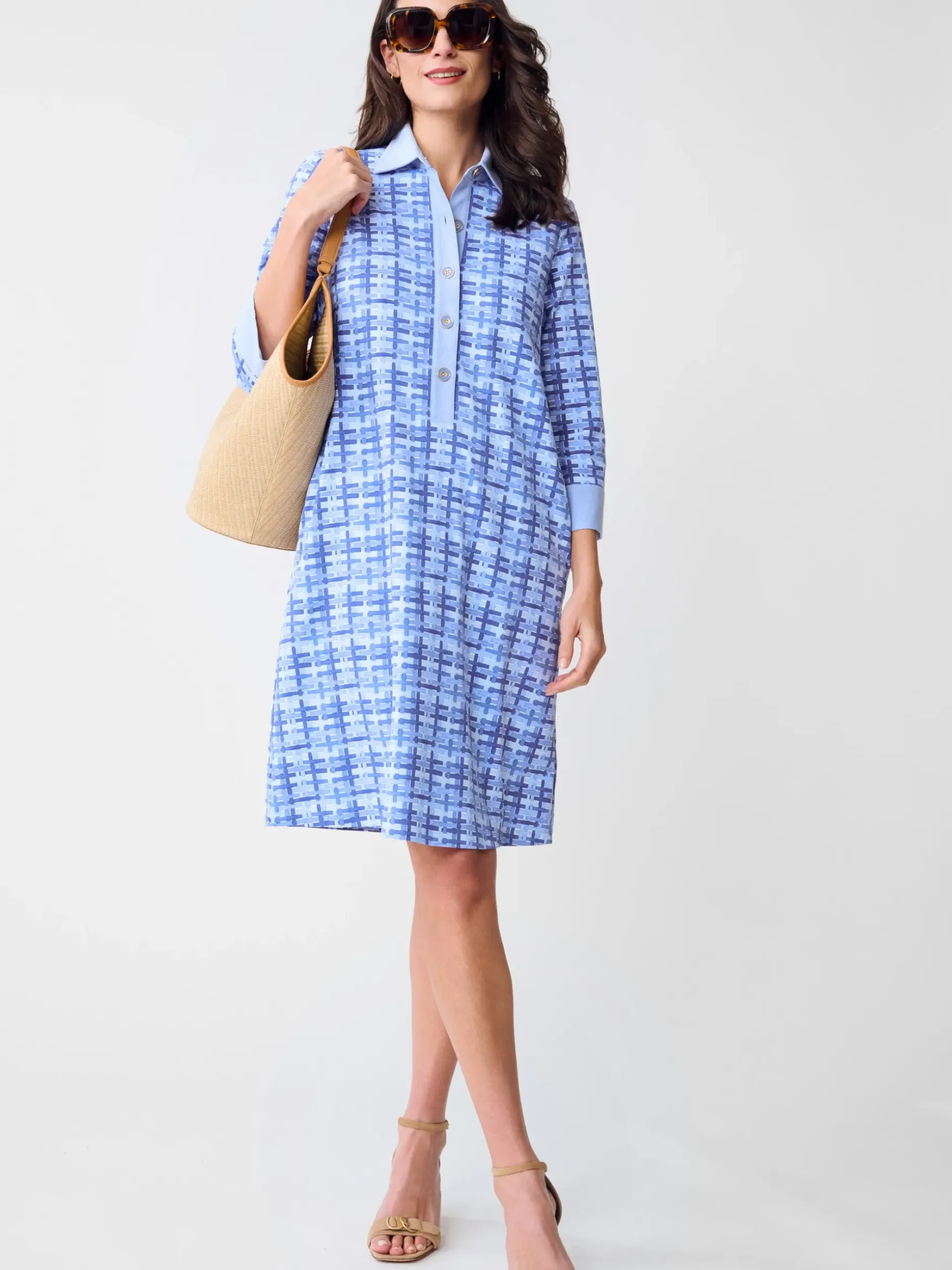J.McLaughlin Rollins Dress in Micro Painted Lattice Blue/LightBlue Hot
