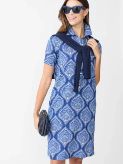 J.McLaughlin Teresa Linen Blend Dress in Neo Tangier Geo Blue/Cornwall Clearance