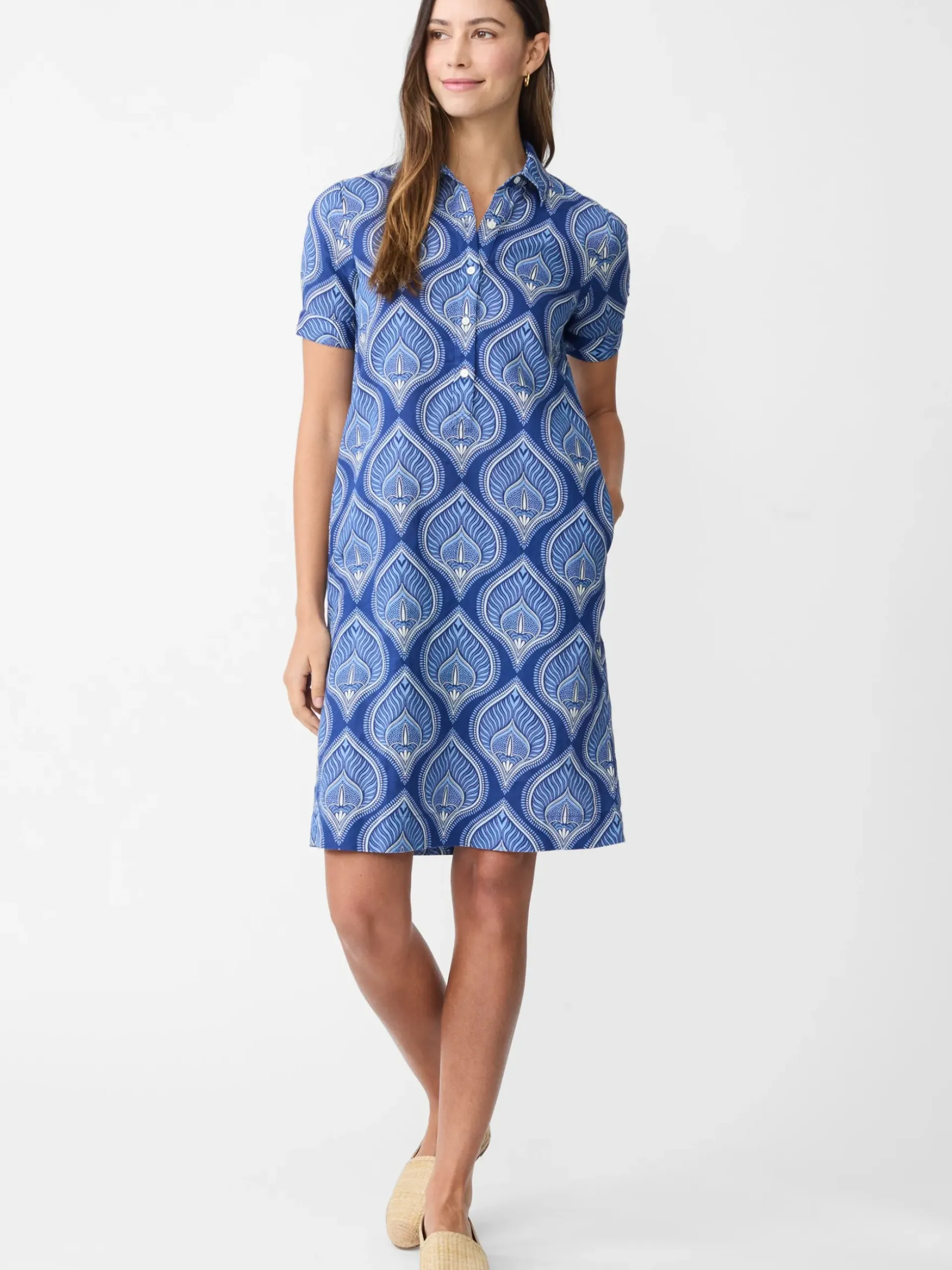 J.McLaughlin Teresa Linen Blend Dress in Neo Tangier Geo Blue/Cornwall Clearance