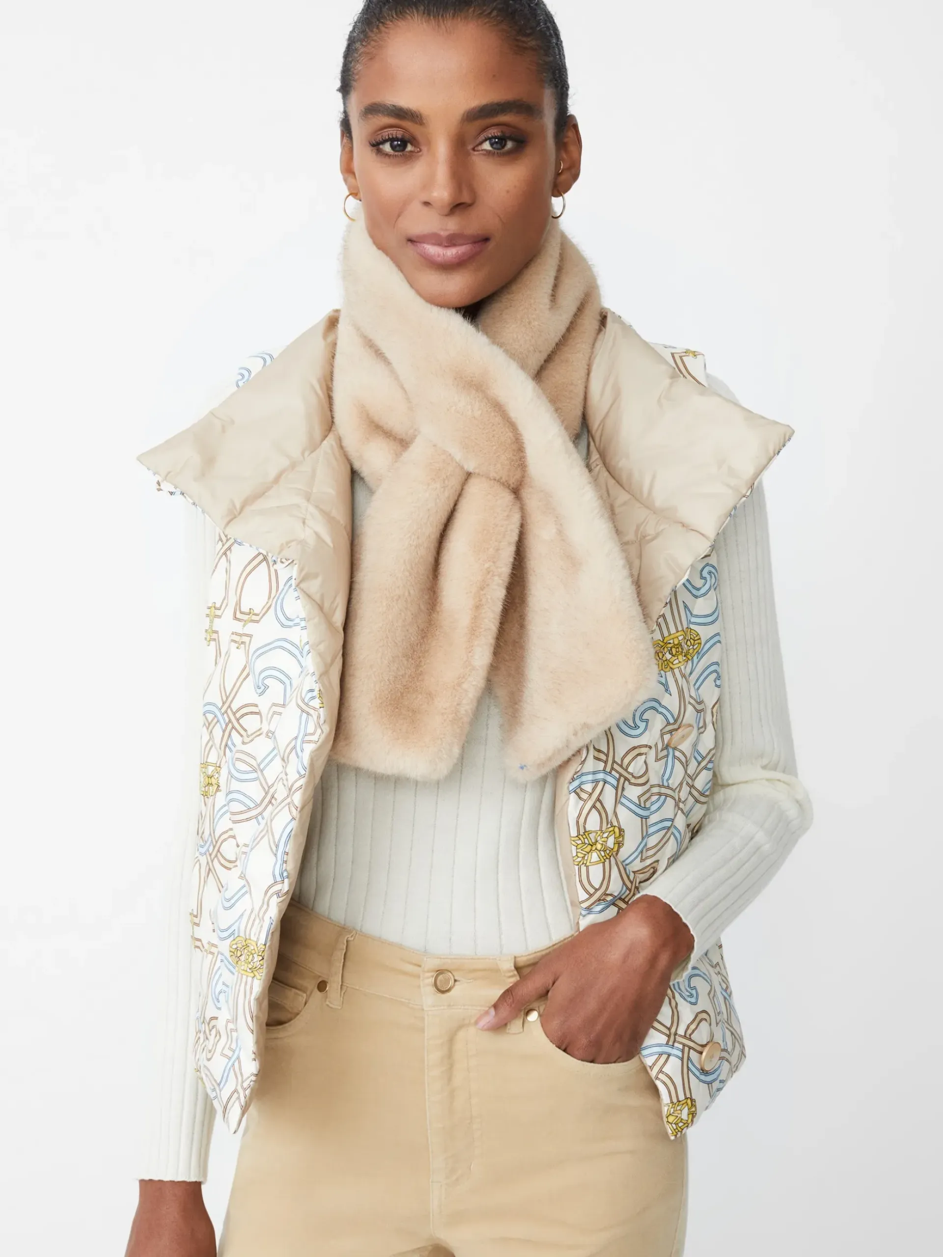 J.McLaughlin Vivian Reversible Puffer Vest in Neo Beltmore Con OffWhite/Blue/Sand New
