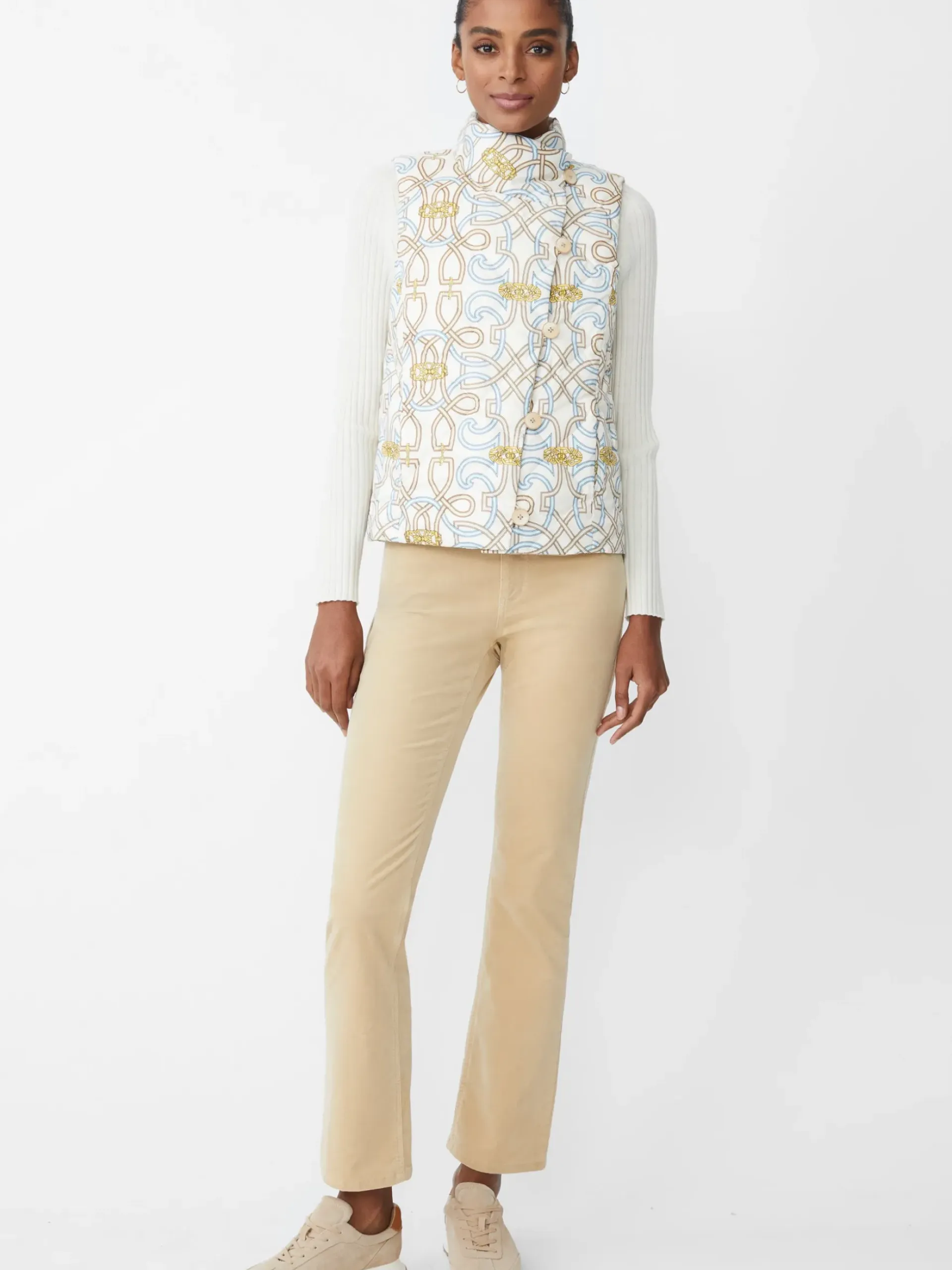 J.McLaughlin Vivian Reversible Puffer Vest in Neo Beltmore Con OffWhite/Blue/Sand New