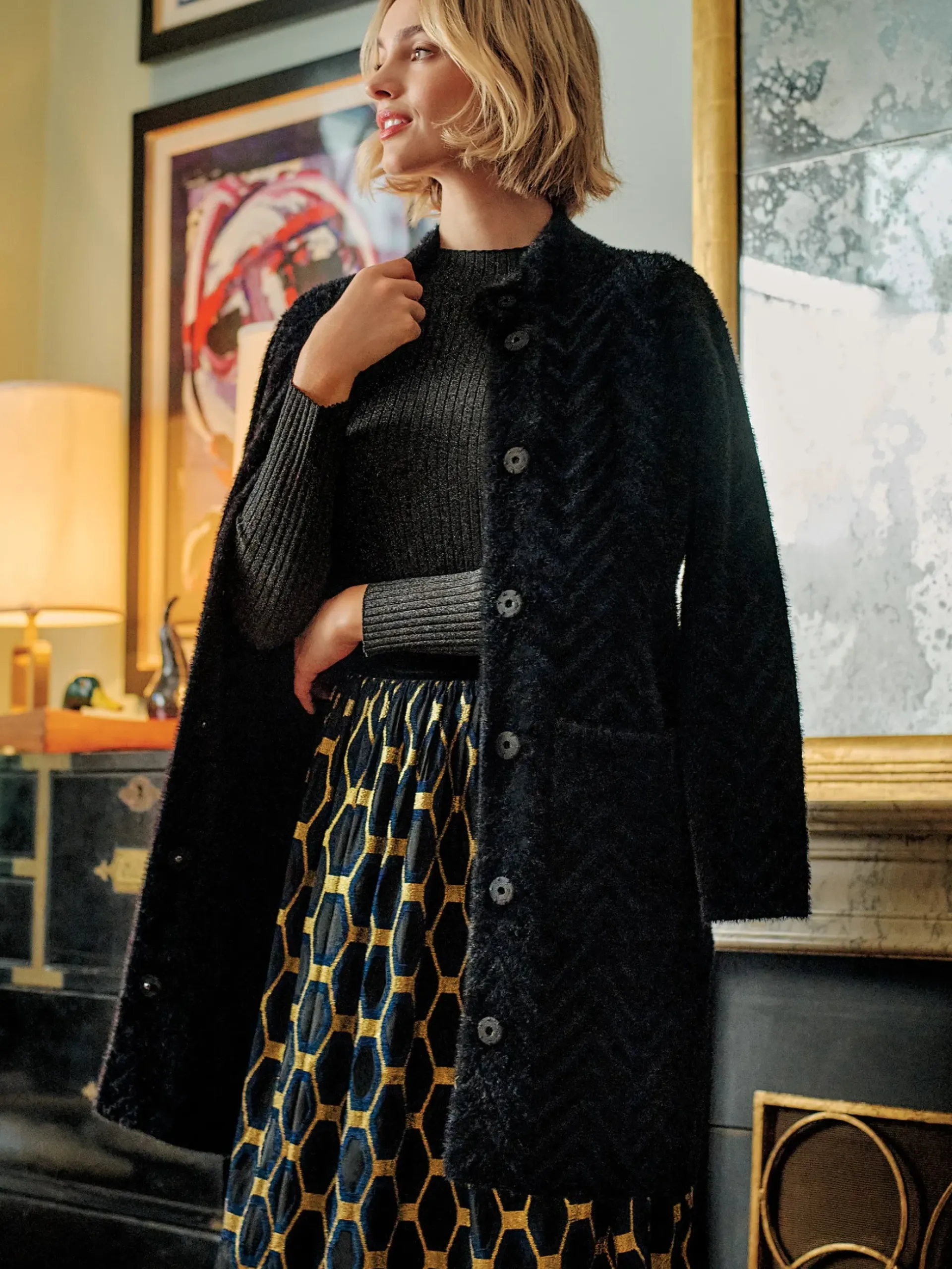 J.McLaughlin Wylde Skirt in Honeycomb Jacquard Black/Navy/Gold Hot